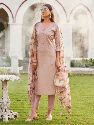 Indyancart TI Women's Mauve Embroidery Kurta with Organza Dupatta