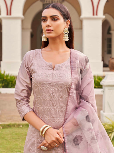 Indyancart TI Women's Lavender Cotton Embroidery Kurta with Trouser & Dupatta