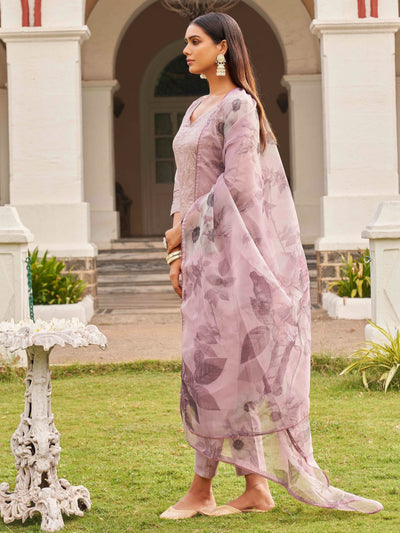 Indyancart TI Women's Lavender Cotton Embroidery Kurta with Trouser & Dupatta