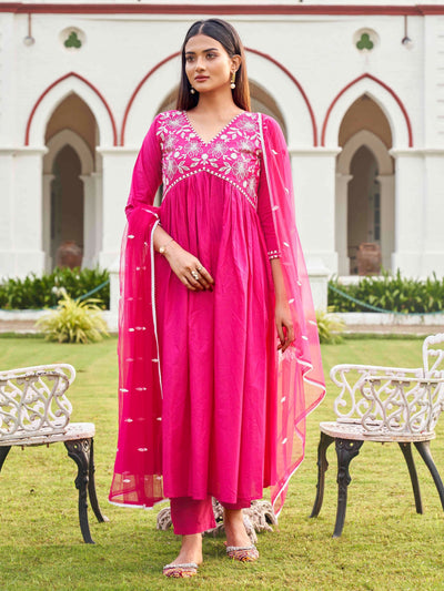Indyancart TI Women's Fuchsia Embroidery Anarkali with Net Dupatta & Trouser