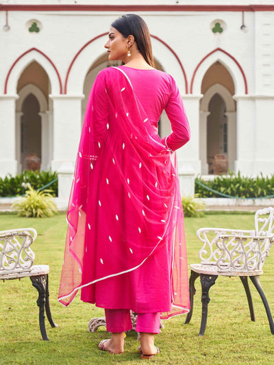 Indyancart TI Women's Fuchsia Embroidery Anarkali with Net Dupatta & Trouser