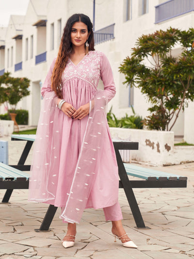 Indyancart TI Women's Pink Color Embroidery Anarkali Kurta with Pant & Net Dupatta