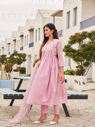 Indyancart TI Women's Pink Color Embroidery Anarkali Kurta with Pant & Net Dupatta