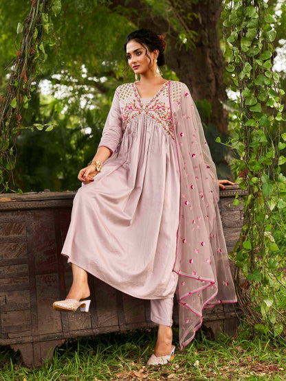 Indyancart TI Women's Mauve Embroidery Thread Work Alia Cut Kurta
