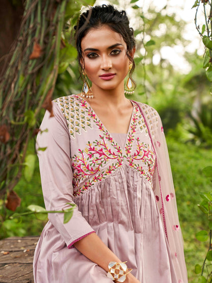 Indyancart TI Women's Mauve Embroidery Thread Work Alia Cut Kurta