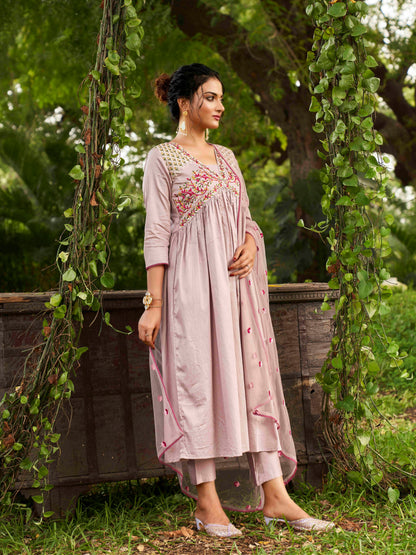 Indyancart TI Women's Mauve Embroidery Thread Work Alia Cut Kurta