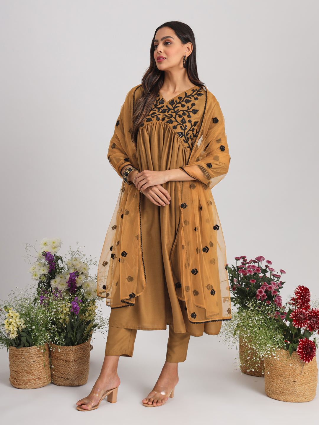 Indyancart TI Women's Mustard Embroidered Alia Cut Flared Kurta With Pant & Dupatta