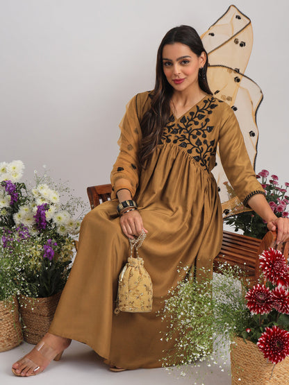 Indyancart TI Women's Mustard Embroidered Alia Cut Flared Kurta With Pant & Dupatta