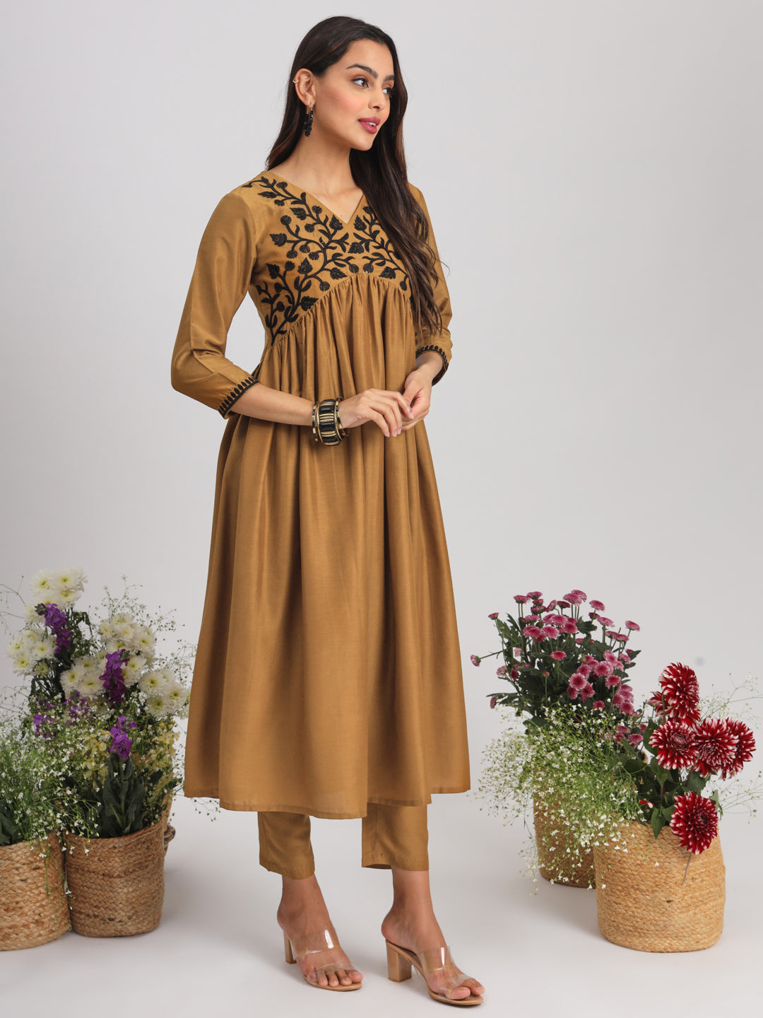 Indyancart TI Women's Mustard Embroidered Alia Cut Flared Kurta With Pant & Dupatta