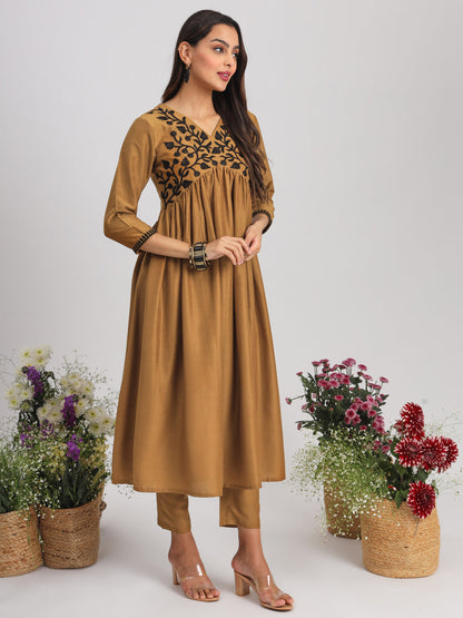 Indyancart TI Women's Mustard Embroidered Alia Cut Flared Kurta With Pant & Dupatta