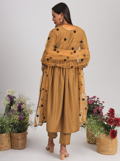 Indyancart TI Women's Mustard Embroidered Alia Cut Flared Kurta With Pant & Dupatta