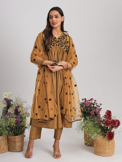 Indyancart TI Women's Mustard Embroidered Alia Cut Flared Kurta With Pant & Dupatta