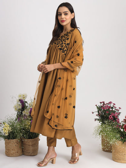 Indyancart TI Women's Mustard Embroidered Alia Cut Flared Kurta With Pant & Dupatta