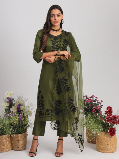 Indyancart TI Women's Olive Lace Work Embroidered Cotton Kurta With Pant & Dupatta