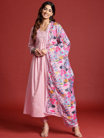 Indyancart TI Women's Rose Pink Tonal Thread Embroidered Alia Cut Kurta With Pant & Dupatta