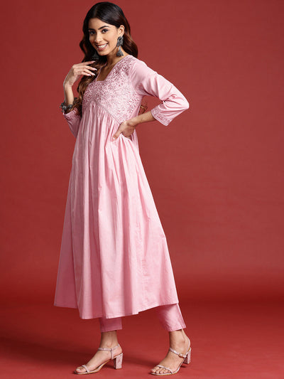 Indyancart TI Women's Rose Pink Tonal Thread Embroidered Alia Cut Kurta With Pant & Dupatta