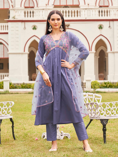 Indyancart TI Women's Lavender Cotton Blend Multi Flared Alia Cut Kurta with Pant and Dupatta