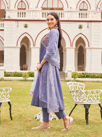 Indyancart TI Women's Lavender Cotton Blend Multi Flared Alia Cut Kurta with Pant and Dupatta