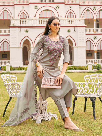 Indyancart TI Women's Silk Blend Multi Thread Straight Cut Kurta with Pant and Dupatta