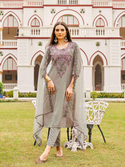 Indyancart TI Women's Silk Blend Multi Thread Straight Cut Kurta with Pant and Dupatta