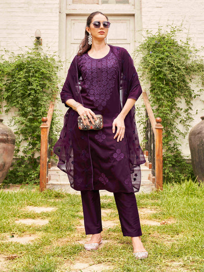 Indyancart TI Women's Wine Silk Blend Tonal Thread Straight Cut Kurta with Pant and Dupatta