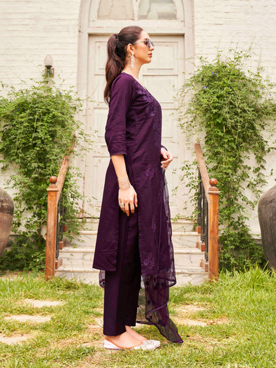 Indyancart TI Women's Wine Silk Blend Tonal Thread Straight Cut Kurta with Pant and Dupatta