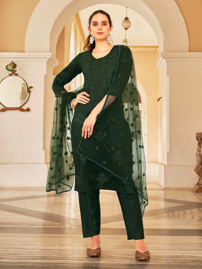 Indyancart TI Women's Blend Tonal Thread Straight Cut Kurta with Pant and Dupatta