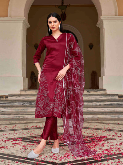 Indyancart TI Women's Blend White Thready Work Kurta with Pant and Dupatta