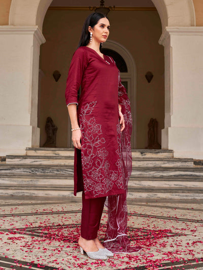 Indyancart TI Women's Blend White Thready Work Kurta with Pant and Dupatta