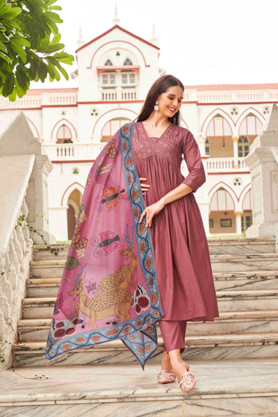 Indyancart TI Women's Tonal Thread Alia Cut Flared Kurta with Pant and Dupatta