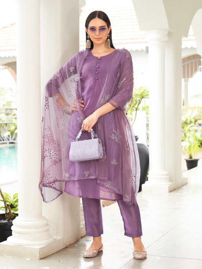 Indyancart TI Women's Purple Solid Kurta and Pants with Dupatta