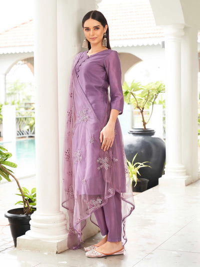Indyancart TI Women's Purple Solid Kurta and Pants with Dupatta