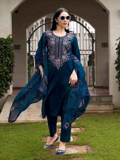 Indyancart TI Women's Teal Blue Embroidered Kurta and Pants with Dupatta