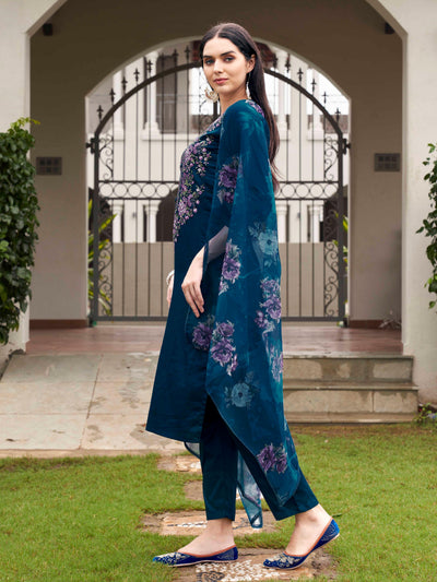 Indyancart TI Women's Teal Blue Embroidered Kurta and Pants with Dupatta