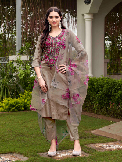 Indyancart TI Women's Brown Embroidered Kurta and Pants with Dupatta