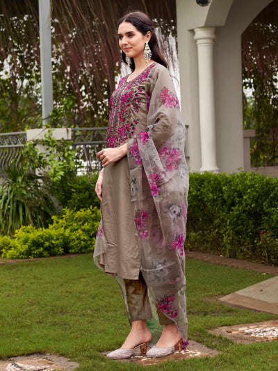 Indyancart TI Women's Brown Embroidered Kurta and Pants with Dupatta