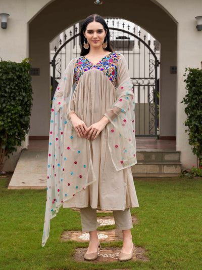 Indyancart TI Women's Beige Parsi Embroidered Flared Kurta and Pants with Dupatta