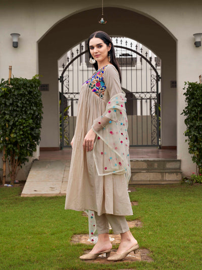 Indyancart TI Women's Beige Parsi Embroidered Flared Kurta and Pants with Dupatta