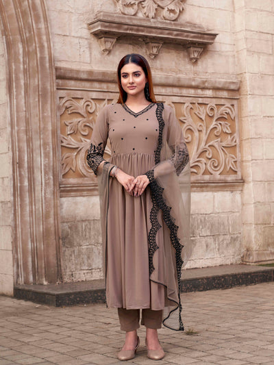 Indyancart TI Women's Women Nude Georgette Solid/Plain Kurta with Pant and Dupatta