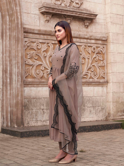 Indyancart TI Women's Women Nude Georgette Solid/Plain Kurta with Pant and Dupatta