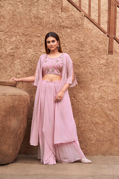 Indyancart TI Women's Women Pink Georgette Embroidered Co Ord
