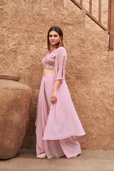 Indyancart TI Women's Women Pink Georgette Embroidered Co Ord