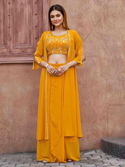 Indyancart TI Women's Women Yellow Georgette Embroidered Co Ord