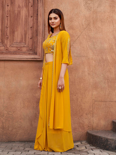 Indyancart TI Women's Women Yellow Georgette Embroidered Co Ord