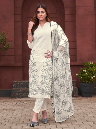 Indyancart TI Women's Women White Pure Cotton Embroidered Kurta with Pant and Dupatta