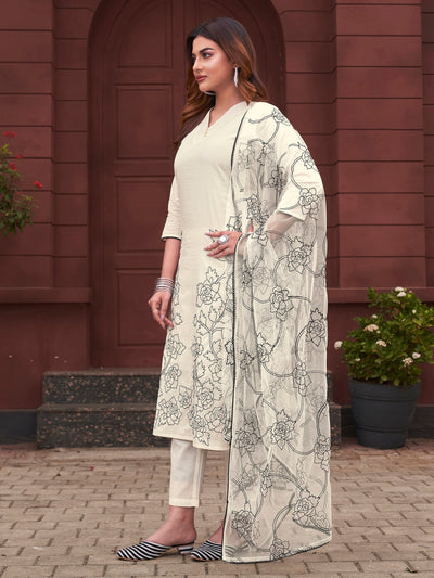 Indyancart TI Women's Women White Pure Cotton Embroidered Kurta with Pant and Dupatta