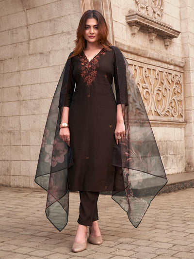 Indyancart TI Women's Brown Kurta and Pant with Printed Dupatta