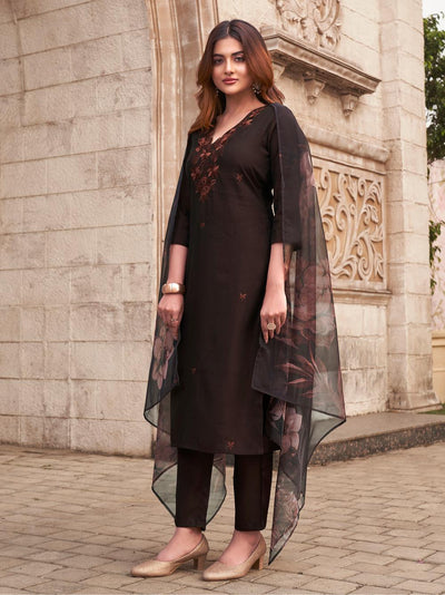 Indyancart TI Women's Brown Kurta and Pant with Printed Dupatta