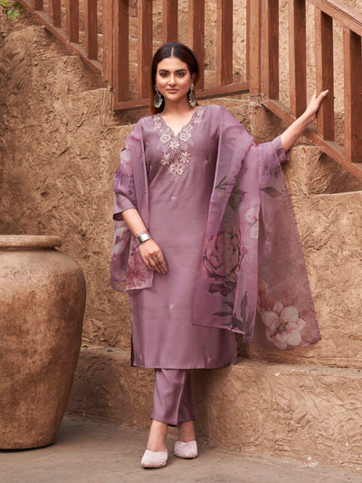Indyancart TI Women's Women Mauve Silk Blend Embroidered Kurta with Pant and Dupatta