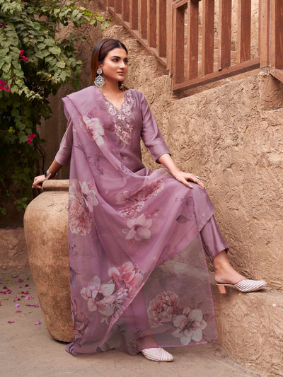 Indyancart TI Women's Women Mauve Silk Blend Embroidered Kurta with Pant and Dupatta